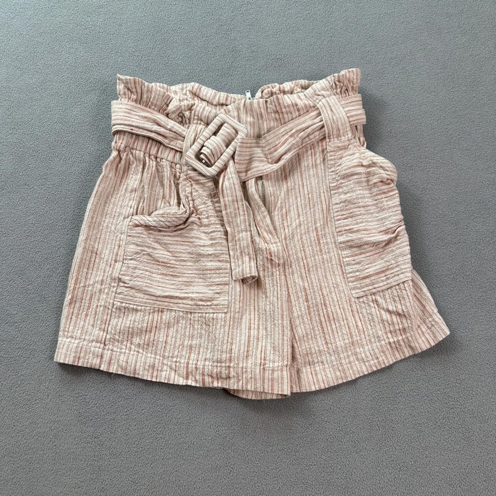 Line and Dot Women S Striped Paperbag Shorts Cotton Linen Belted Rust Cream
